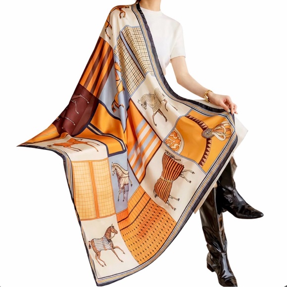 Accessories - New Equestrian Print Imitation Silk Scarf - 110 x 110 cm